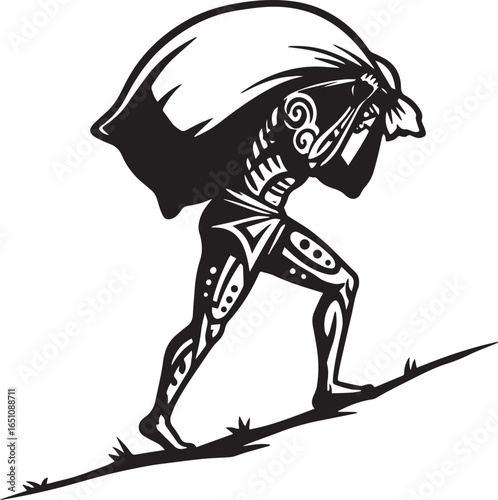 Tribal silhouette carrying heavy sack uphill, isolated with whit