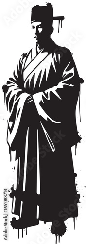 Monochrome silhouette of a dignified figure in traditional East
