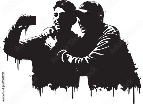 Monochrome portrait of two friends capturing moments with a smar