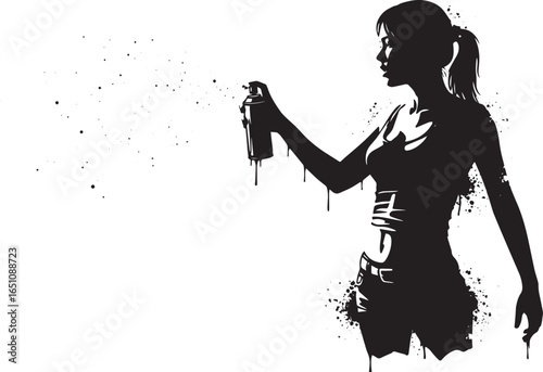 Silhouette of a woman using spray paint can in black and white d