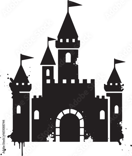 Abstract black castle silhouette with grunge effects and minimal