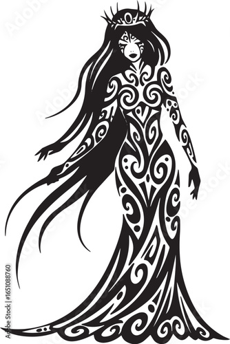 Tribal princess with intricate tattoo designs vector silhouette