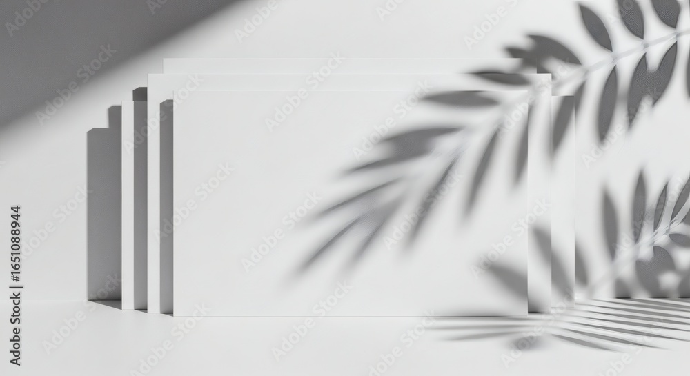 Obraz premium Modern minimalist Blank Space a pristine white backdrop beautifully illuminated by natural light and delicate tropical leaf shadows, creating a serene and elegant empty canvas.