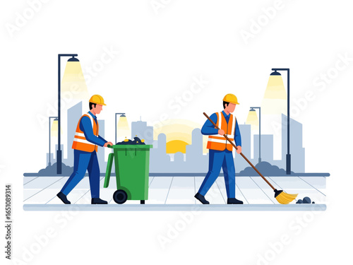 City Cleaners: An illustration depicting dedicated workers maintaining city streets, highlighting community care and infrastructure.
