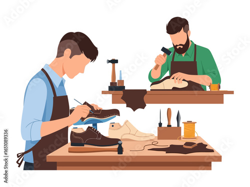 Crafting Excellence: Two skilled artisans meticulously craft shoes with traditional tools at a well-organized workbench. A glimpse into the dedication of craftsmanship and the art of shoemaking.