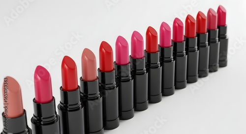 Lipsticks in Red and Pink Shades on White Background