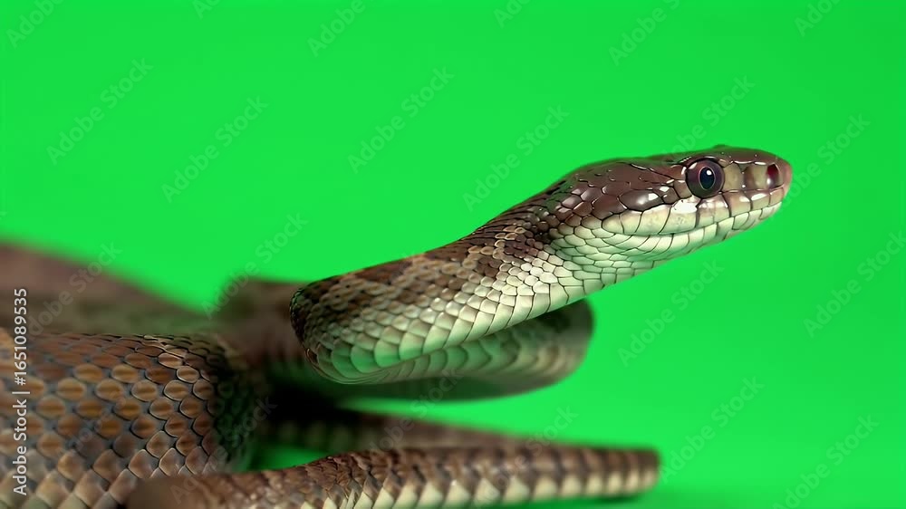 Brown patterned snake with head up, isolated on bright green screen background Brown patterned snake with head up, isolated on bright green screen background