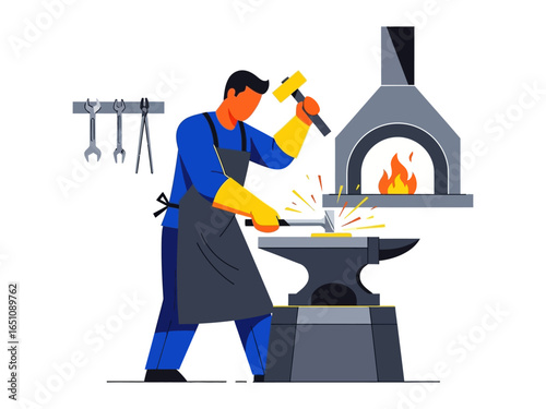 Artisan at the Anvil: A skilled artisan, adorned in an apron and gloves, expertly hammers molten metal on an anvil near a blazing forge, symbolizing the dedication of craft and industry. 
