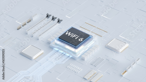 3D rendering of WiFi 6 chip integrated on advanced circuit board for next - gen wireless technology
