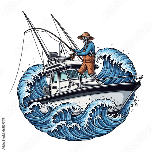 skeleton angler fisherman fishing illustration logo vector image t shirt