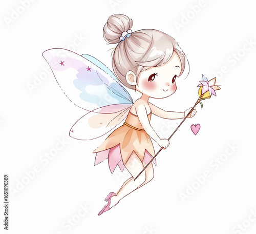Vector set of little fairies in colorful dress with watercolor wings