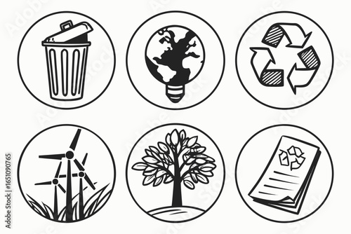 Set of ecofriendly icons including recycling, wind turbine, and tree