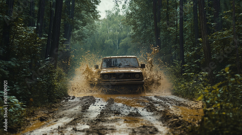 Car driving through a muddy forest trail after heavy rainfall.