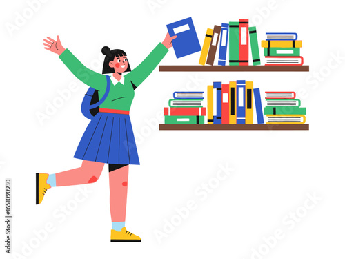 Book Lover's Joy: A vibrant illustration of a young woman, exuding joy as she embraces the world of books and knowledge, selecting her next literary adventure from a well-stocked bookshelf.