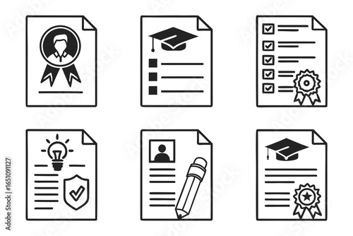 Set of icons representing education and achievement documents isolated on white background