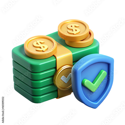 Stack of money with coins and a security shield with check mark isolated on transparent background