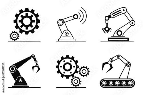 Collection of industrial robot arms and gears isolated on white background