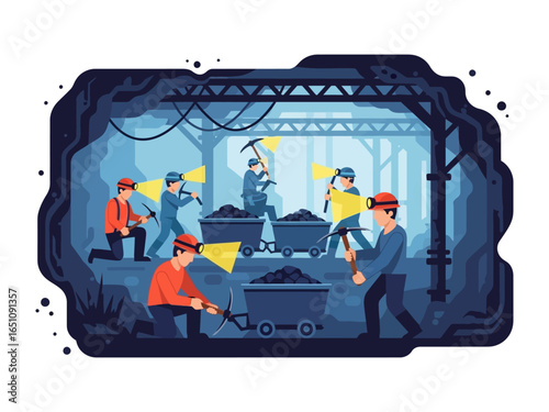 Mining Operation: A dynamic illustration showcasing a busy mining operation with hardworking figures.