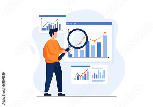 Person analyzing business data and financial charts with a magnifying glass on a computer screen, representing market research and analytics.
