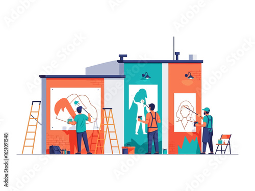 Artistic Mural Creation: Skilled artists bring vibrant murals to life on a building facade, showcasing creativity and urban revitalization.