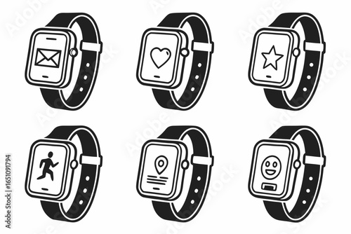 Collection of smartwatch icons isolated on white background