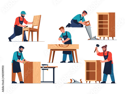 Crafting Wonders: A collection showcasing various skilled carpenters meticulously crafting wooden furniture using a range of tools, emphasizing precision and expertise in woodworking.