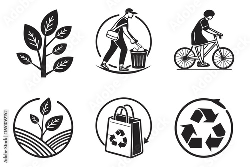 Set of ecofriendly icons including plant growth, recycling, and cycling isolated on white background
