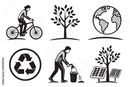 Collection of ecofriendly icons including cycling, planting, recycling, and solar energy