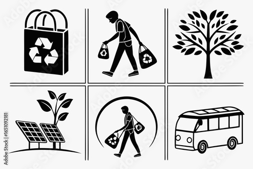 Collection of ecofriendly icons including recycling, solar energy, and sustainable transport