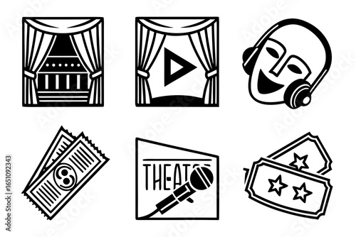 Collection of theater and performance icons isolated on white background