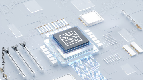 Quadro su tela Digital Art Depicting Advanced LLM Semiconductor Chip on Futuristic Circuit Boar