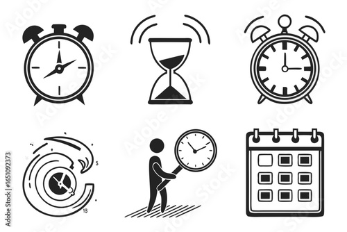Collection of timerelated icons including clocks, hourglass, and calendar isolated on white background