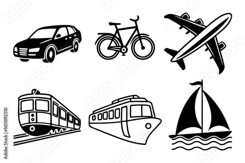 Collection of various transportation vehicles including car, bicycle, airplane, train, ship