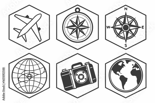 Collection of travel icons including airplane, compass, globe, and camera isolated on white background