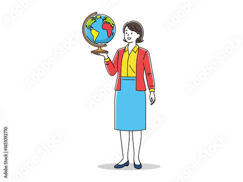 Teacher with Globe: A teacher stands, gracefully holding a globe, embodying the essence of education and the spirit of learning, illustrating the world and curiosity.