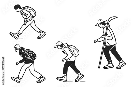 Set of hikers with backpacks walking and trekking, isolated on white background