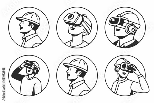 Collection of people using virtual reality headsets isolated on white background