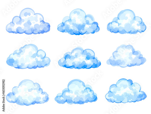 Set of pastel blue cartoon clouds isolated on white background. Hand drawn watercolor illustration.
