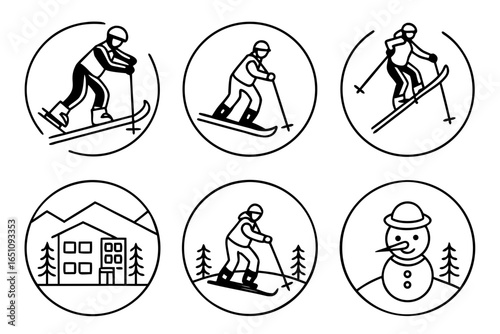 Set of six circular line art icons depicting various winter ski activities