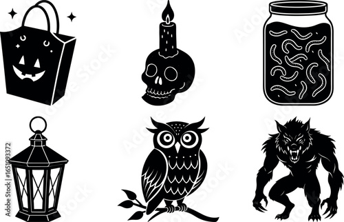 Halloween Black and White Vector Icons Featuring Spooky and Festive Elements