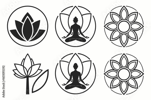 Set of yoga and meditation lotus flower icons isolated on white background