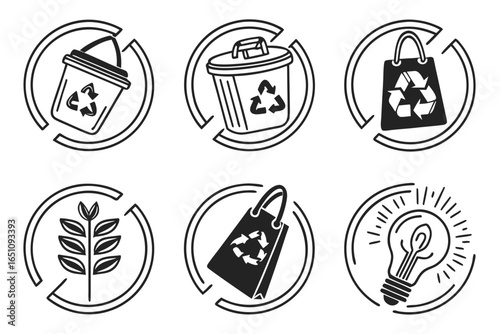 Set of six circular icons representing recycling and ecofriendly concepts