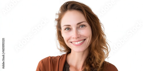 Cheerful Woman with Long Hair Smiling Against a White Background