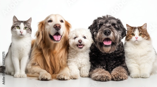 Cats and Dogs Together on White background.