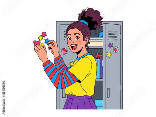 School Girl Decorating Locker: A cheerful schoolgirl decorates her locker with colorful star and heart shaped ornaments, capturing the essence of youth, creativity, and school spirit.