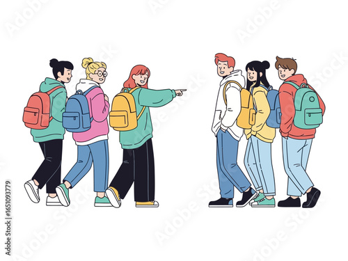 Friendly Direction: A friendly group of young students, backpacks on their shoulders.