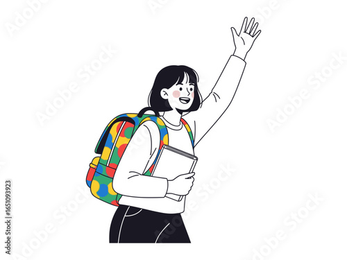 Cheerful Student's Goodbye: A vibrant illustration portrays a smiling student, backpack, and notebooks in hand, waving a friendly farewell, epitomizing youthful exuberance and academic aspiration. 