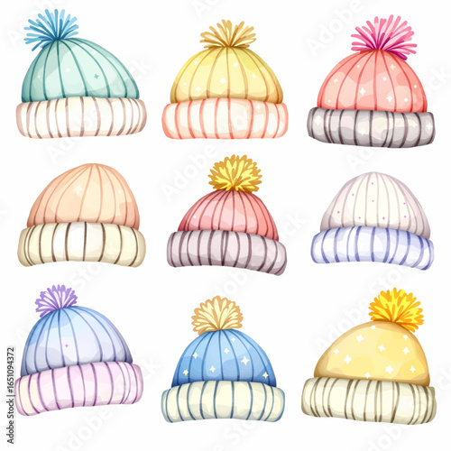 set of different watercolor winter hats on white background for printing, fabric