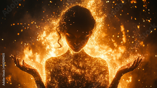Dancer surrounded by vibrant sparks and flames creating a mesmerizing aura of energy and light