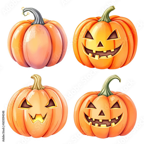 A watercolor illustration of pastel-colored pumpkins, isolated on white background